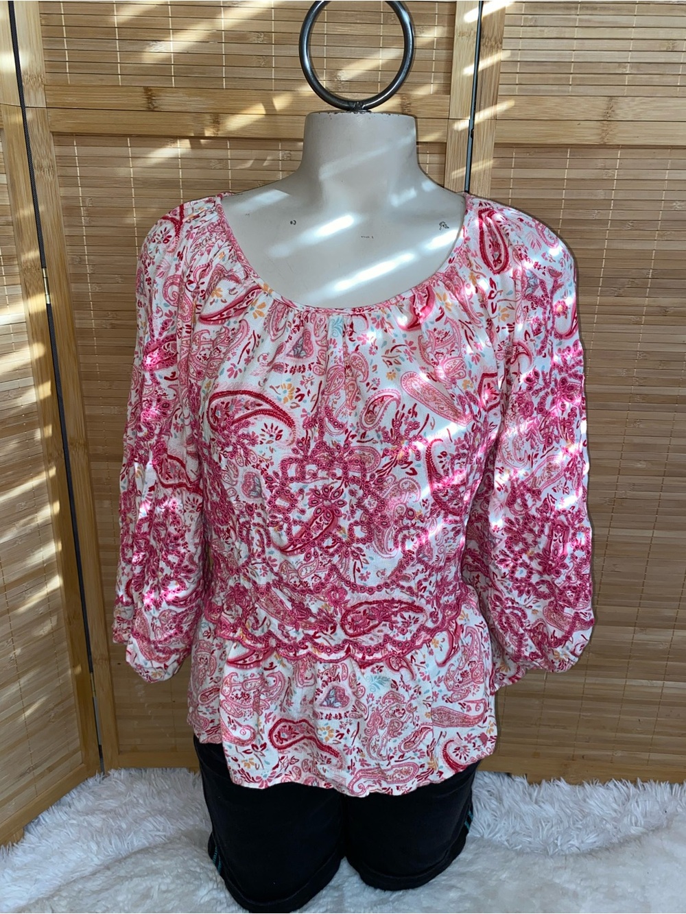 Penelope Rose Pink floral Paisley 3/4 sleeve blouse top crotchet woman’s  XL